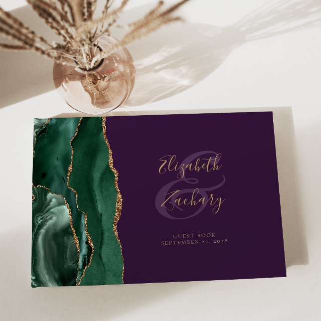 Modern Emerald Green Agate Gold Script Purple Guest Book (Creator Uploaded)