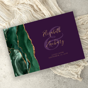 Modern Emerald Green Agate Gold Script Purple Guest Book