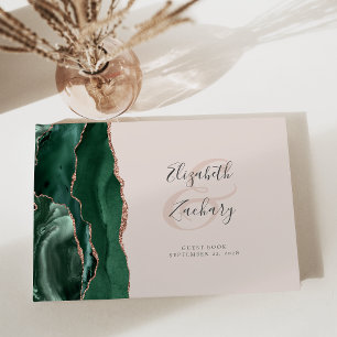 Modern Emerald Green Agate Rose Gold Script Blush Guest Book