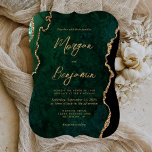 Modern Emerald Green Agate Script Bracket Wedding Invitation<br><div class="desc">This elegant wedding invitation in trendy bracket shape features a background image of emerald green watercolor agate trimmed with faux gold glitter. The customisable text combines gold-coloured modern handwriting,  copperplate and italic fonts. The reverse side features a coordinating emerald green and gold agate design.</div>