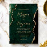 Modern Emerald Green Agate Script Wedding Invitation<br><div class="desc">This elegant wedding invitation features a background image of emerald green watercolor agate trimmed with faux gold glitter. The customizable text combines gold-colored modern handwriting,  copperplate and italic fonts. The reverse side features a coordinating emerald green and gold agate design.</div>