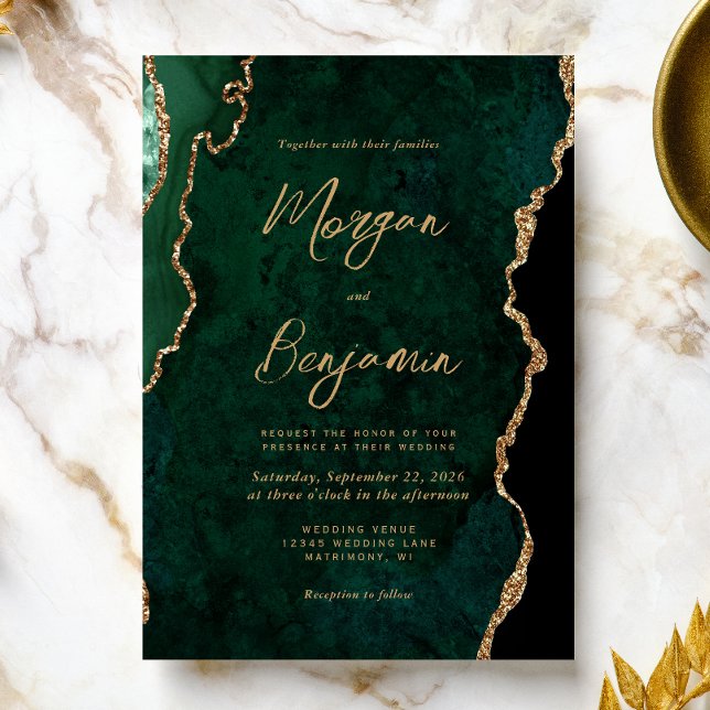 Modern Emerald Green Agate Script Wedding Invitation (An ideal choice for an emerald green and gold themed wedding.)