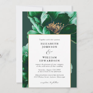 Modern Emerald Green And Gold Floral Chic Wedding Invitation