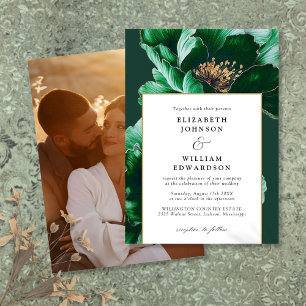 Modern Emerald Green And Gold Floral Photo Wedding Invitation