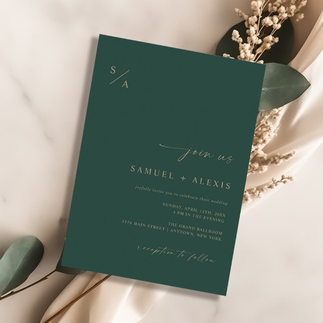 Modern Emerald Green And Gold Minimalist Wedding Invitation (Creator Uploaded)