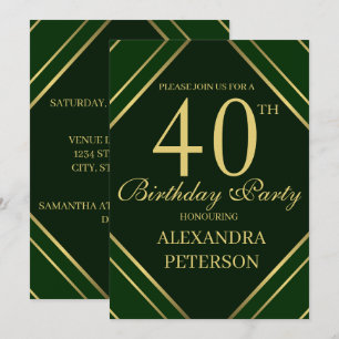 Modern Emerald Green And Gold Stripes Birthday Invitation
