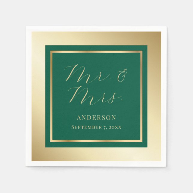 Modern Emerald Green and Gold Wedding Napkins (Front)