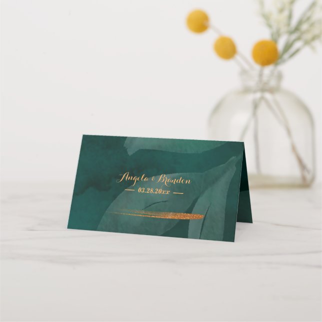 modern emerald green and leaves place card (Back)