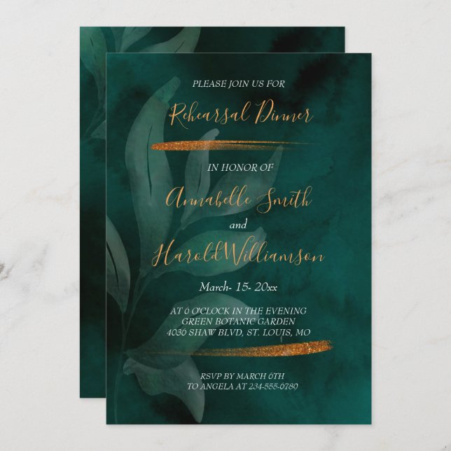 modern emerald green and leaves Rehearsal Dinner Invitation (Front/Back)