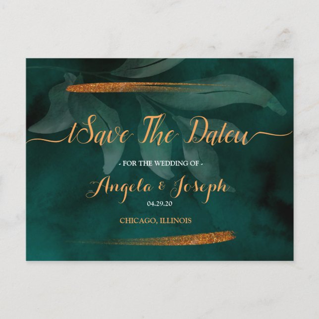 modern emerald green and leaves Save the Date Postcard (Front)