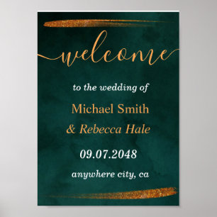 modern emerald green and leaves Wedding Welcome Poster