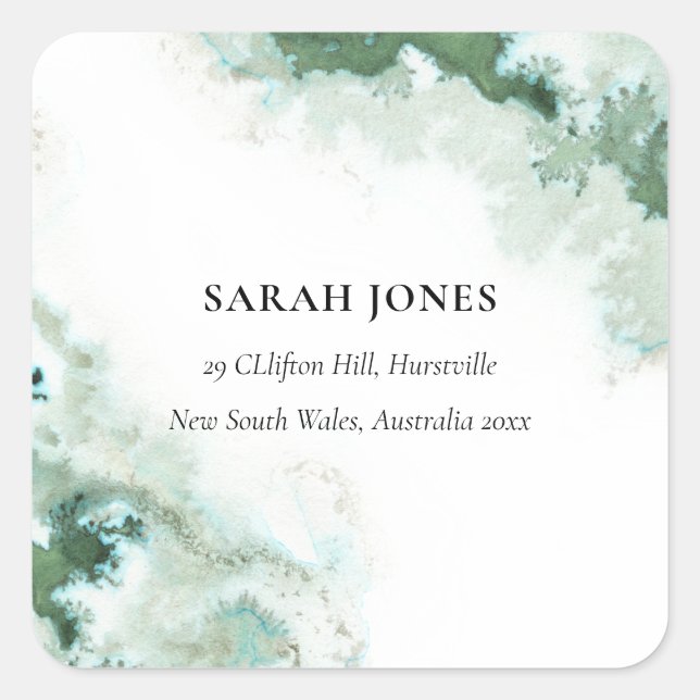 Modern Emerald Green Aqua Silver Agate Address Square Sticker (Front)