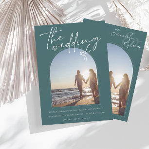 Modern Emerald Green Arch Initial Photo Wedding Invitation