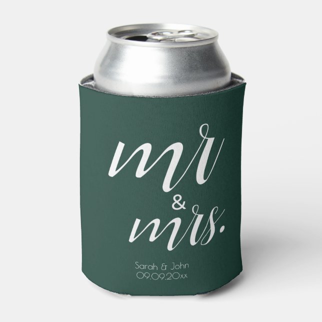 Modern Emerald Green Bold Mr & Mrs Wedding  Can Cooler (Can Front)