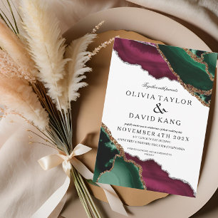  Modern Emerald Green Burgundy Agate Wedding Invitation