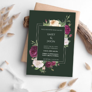 Modern Emerald Green Burgundy Floral Invitation