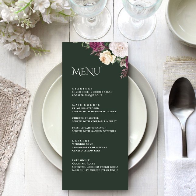 Modern Emerald Green Burgundy Peonies Menu Card (Modern Emerald Green Burgundy Peonies Menu Card on an elegant wedding table)