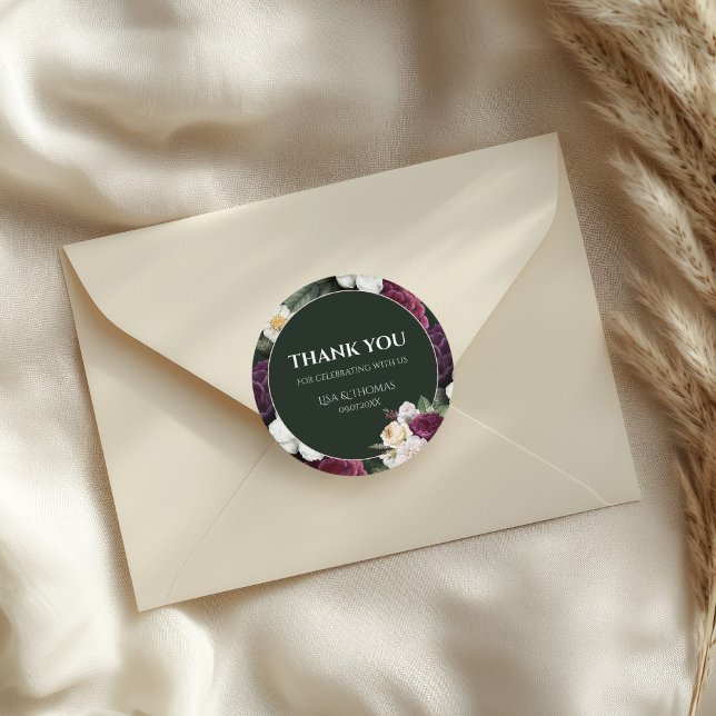 Modern Emerald Green Burgundy Peonies Wedding Classic Round Sticker (Modern Emerald Green Burgundy Peonies Wedding Classic Round Sticker on a wedding envelope.)