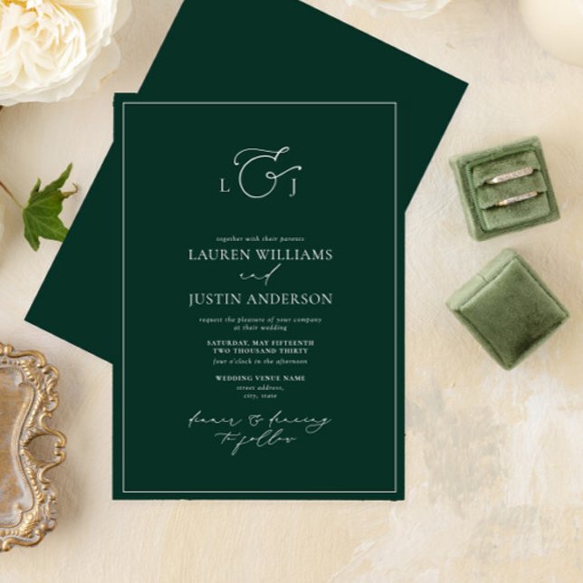 Modern Emerald Green Calligraphy Monogram Wedding  Invitation (Creator Uploaded)