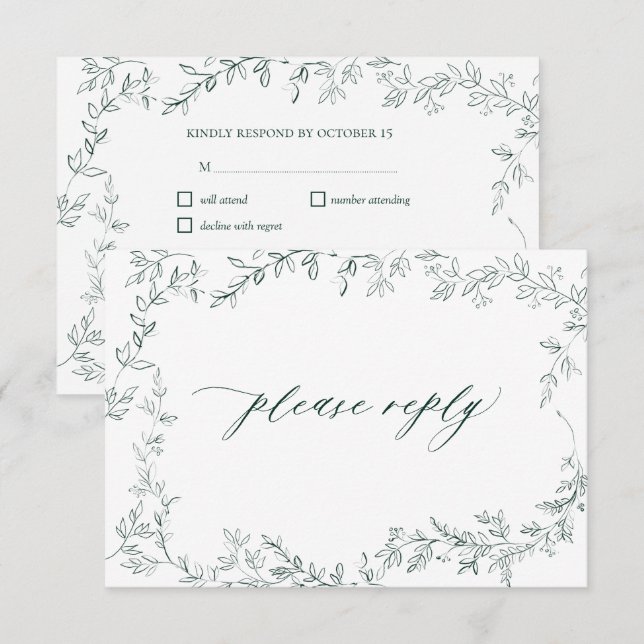 Modern Emerald Green Elegant Leaf Wedding RSVP Card (Front/Back)