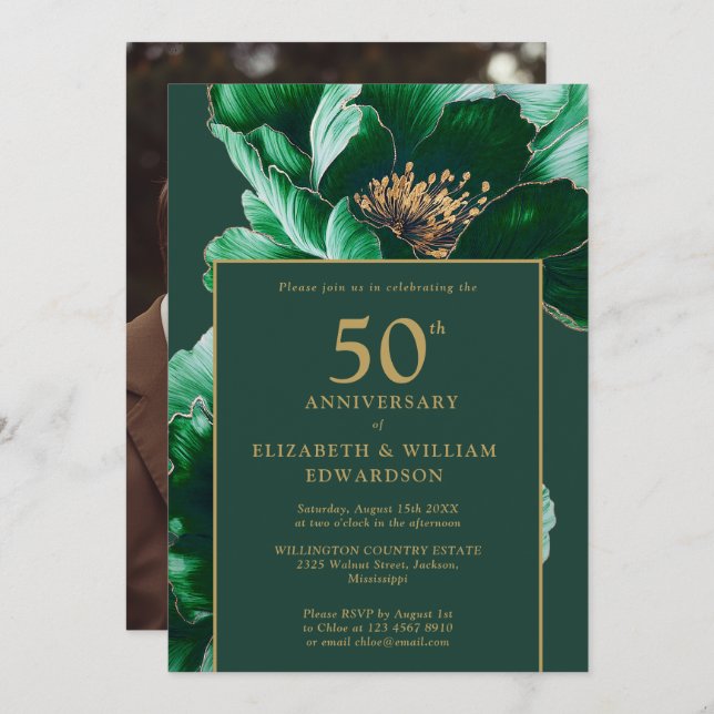 Modern Emerald Green Floral 50th Anniversary Photo Invitation (Front/Back)