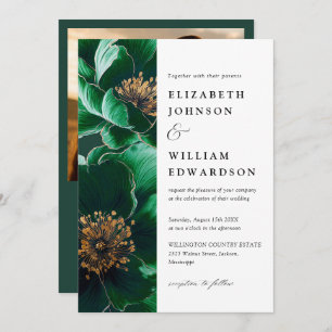 Modern Emerald Green Floral Photo QR Code Wedding Invitation
