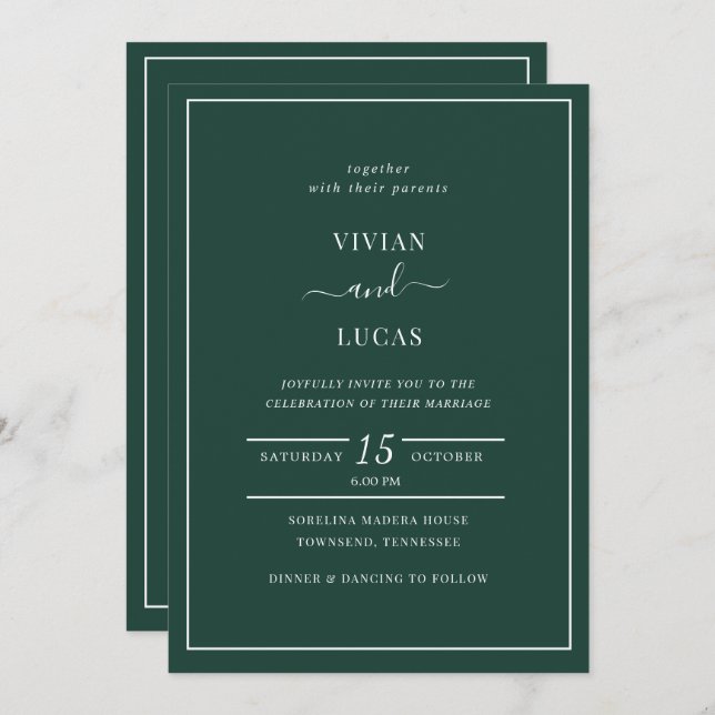 Modern Emerald Green Formal Minimal Wedding Invitation (Front/Back)