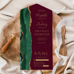 Modern Emerald Green Gold Agate Burgundy Wedding All In One Invitation<br><div class="desc">The left-hand edge of this elegant modern all-in-one wedding invitation and RSVP features an emerald green watercolor agate border trimmed with faux gold glitter. The customisable text combines gold-coloured whimsical handwriting script, copperplate and italic fonts on a burgundy background. The return address appears on the outside flap and the reverse...</div>
