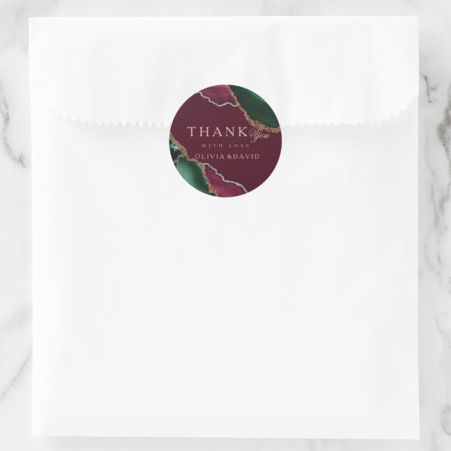 Modern Emerald Green Gold Agate Burgundy Wedding Classic Round Sticker (Bag)