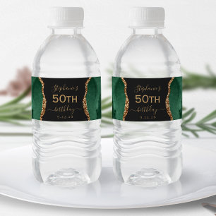 Modern Emerald Green Gold Agate Dark 50th Birthday Water Bottle Label