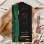 Modern Emerald Green Gold Agate Dark Wedding All In One Invitation<br><div class="desc">The left-hand edge of this elegant modern all-in-one wedding invitation and RSVP features an emerald green watercolor agate border trimmed with faux gold glitter. The customisable text combines gold-coloured whimsical handwriting script, copperplate and italic fonts on a slate black background. The return address appears on the outside flap and the...</div>