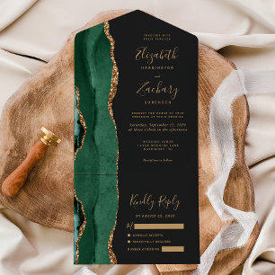 Modern Emerald Green Gold Agate Dark Wedding All In One Invitation