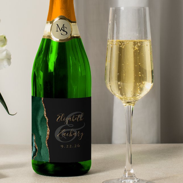 Modern Emerald Green Gold Agate Dark Wedding Sparkling Wine Label (Creator Uploaded)