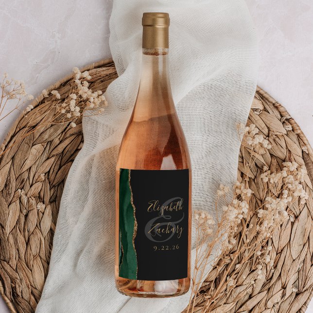 Modern Emerald Green Gold Agate Dark Wedding Wine Label (Creator Uploaded)