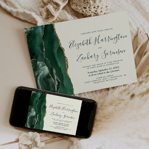 Modern Emerald Green Gold Agate Ivory Wedding Invitation