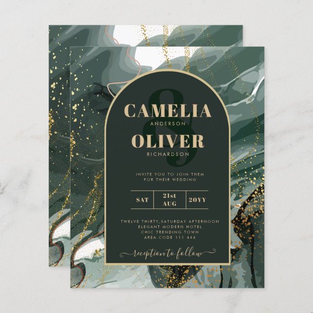 Modern Emerald Green Gold Agate Marble WEDDING (Front/Back)