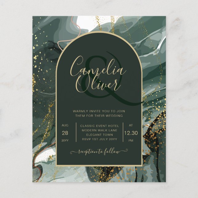 Modern Emerald Green Gold Agate Marble WEDDING Flyer (Front)