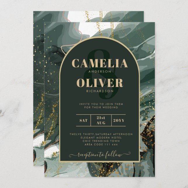 Modern Emerald Green Gold Agate Marble WEDDING Invitation (Front/Back)