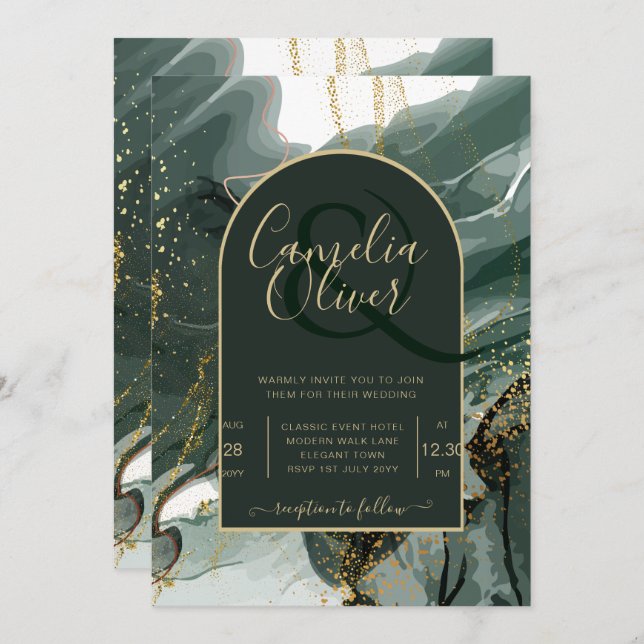 Modern Emerald Green Gold Agate Marble WEDDING Invitation (Front/Back)