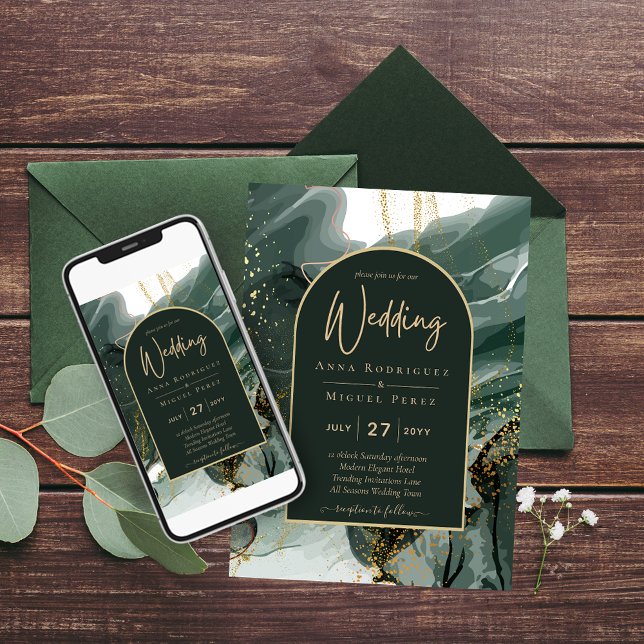 Modern Emerald Green Gold Agate Marble WEDDING Invitation (Creator Uploaded)