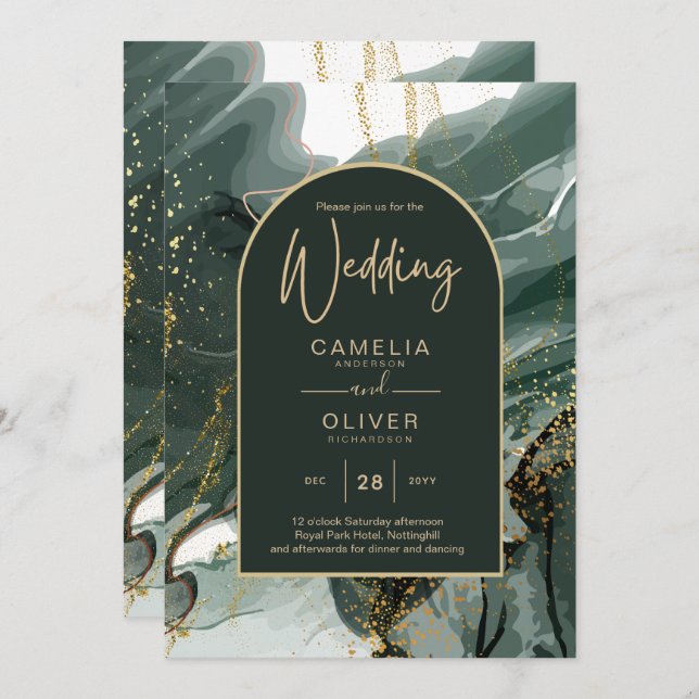 Modern Emerald Green Gold Agate Marble WEDDING Invitation (Front/Back)