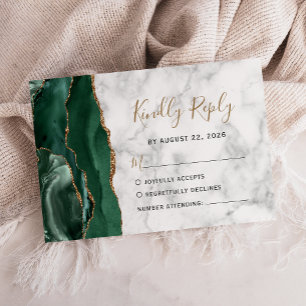 Modern Emerald Green Gold Agate Marble Wedding RSVP Card