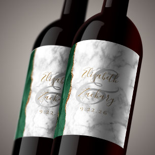 Modern Emerald Green Gold Agate Marble Wedding Wine Label
