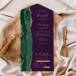 Modern Emerald Green Gold Agate Purple Wedding All In One Invitation<br><div class="desc">The left-hand edge of this elegant modern all-in-one wedding invitation and RSVP features an emerald green watercolor agate border trimmed with faux gold glitter. The customisable text combines gold-coloured whimsical handwriting script, copperplate and italic fonts on a purple background. The return address appears on the outside flap and the reverse...</div>