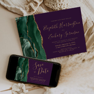 Modern Emerald Green Gold Agate Purple Wedding Invitation