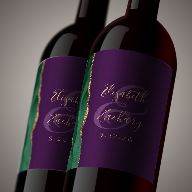 Modern Emerald Green Gold Agate Purple Wedding Wine Label (Creator Uploaded)