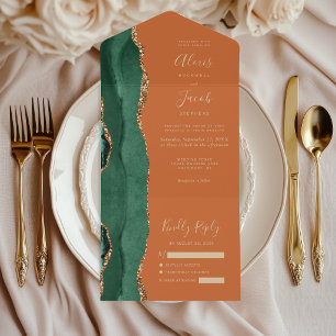 Modern Emerald Green Gold Agate Rust Wedding All In One Invitation