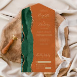 Modern Emerald Green Gold Agate Rust Wedding All In One Invitation<br><div class="desc">The left-hand edge of this elegant modern all-in-one wedding invitation and RSVP features an emerald green watercolor agate border trimmed with faux gold glitter. The customisable text combines gold-coloured whimsical handwriting script,  copperplate and italic fonts on a burnt orange or rust background.</div>