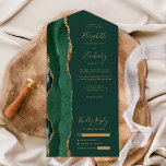 Modern Emerald Green Gold Agate Wedding All In One Invitation<br><div class="desc">The left-hand edge of this elegant modern all-in-one wedding invitation and RSVP features an emerald green watercolor agate border trimmed with faux gold glitter. The customisable text combines gold-coloured whimsical handwriting script, copperplate and italic fonts on a green background. The return address appears on the outside flap and the reverse...</div>