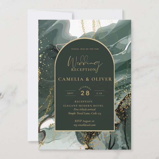 Modern Emerald Green Gold Agate Wedding RECEPTION Invitation (Front)